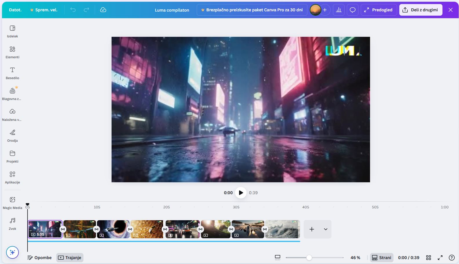 Screenshot Canva AI uporabniškega vmesnika in procesa urejanja videa - Luka Pompe